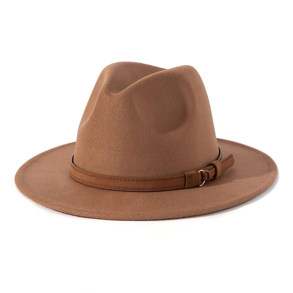1896 & Vintage Wide Brim Fedora Hat with Belt Buckle A-Khaki 59-60cm